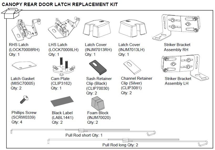Diagram showing installation instructions and components for the EGR Canopy Rear Door Latch Upgrade kit