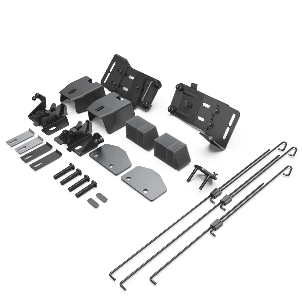 Diagram of the EGR Canopy Rear Door Latch Replacement Kit for Nissan Navara D40 showing components including latches, latch covers, striker brackets, gaskets, retainers, screws, labels, foam blocks, and pull rods thumbnail