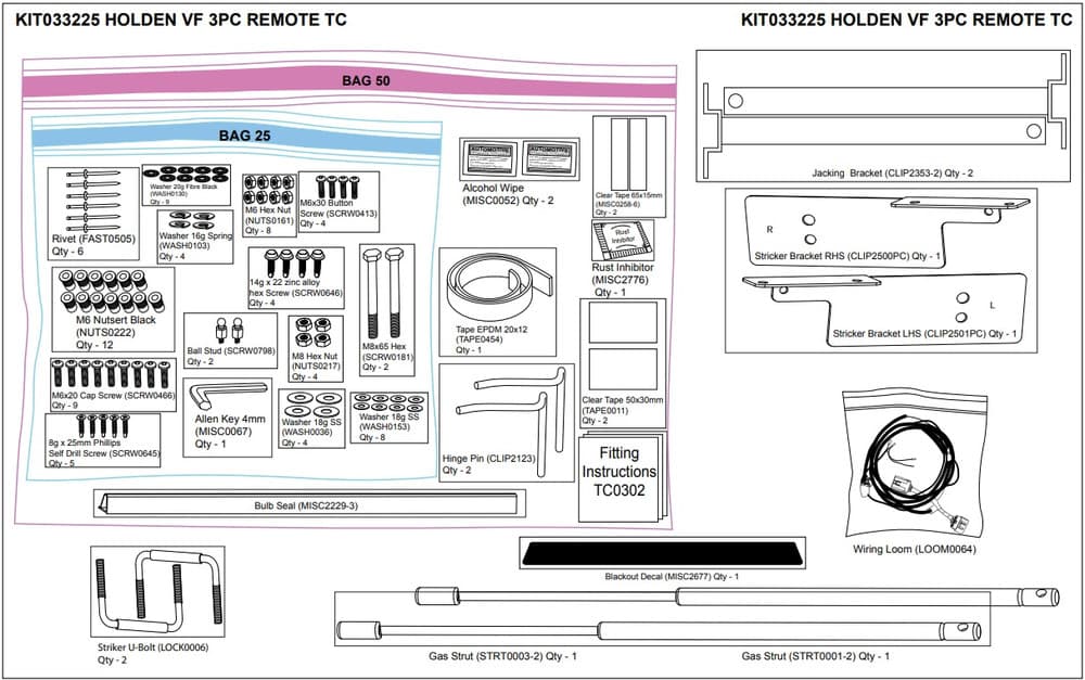 Diagram of the EGR Hardware Fitting Kit for Holden VF Ute 3-Piece Remote Hard Lid showing brackets, bolts, wiring loom, gas struts, and installation components