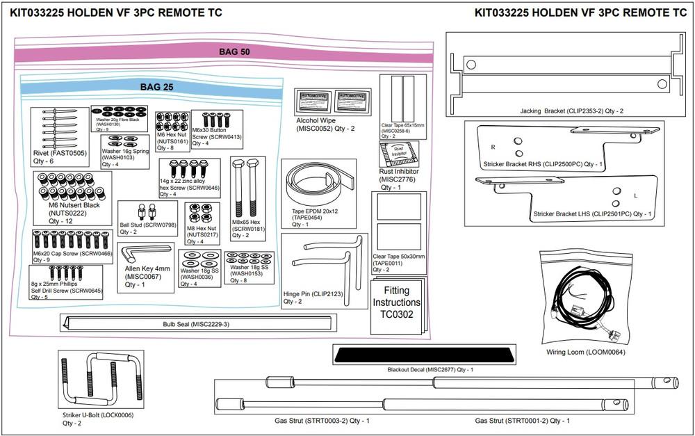 Diagram of the EGR Hardware Fitting Kit for Holden VF Ute 3-Piece Remote Hard Lid showing brackets, bolts, wiring loom, gas struts, and installation components
