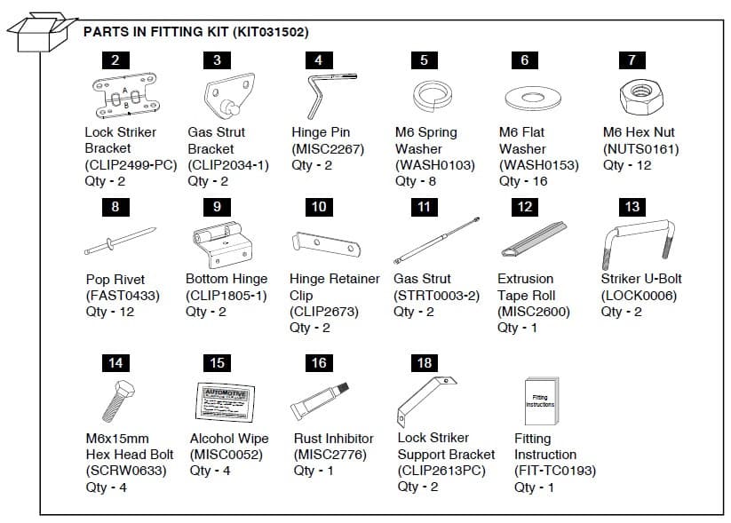 Diagram of the EGR Mitsubishi Triton MN 1P Hard Lid Fitting Kit showing brackets, gas struts, hinges, screws, rivets, U-bolt, tape roll, and installation hardware