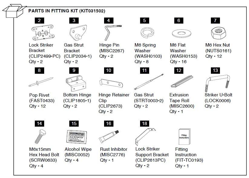 Diagram of the EGR Mitsubishi Triton MN 1P Hard Lid Fitting Kit showing brackets, gas struts, hinges, screws, rivets, U-bolt, tape roll, and installation hardware