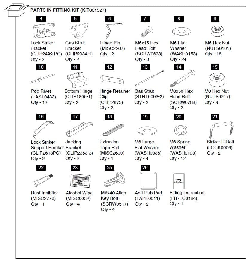 Parts diagram for the EGR Hardware Fitting Kit for Mitsubishi Triton MN 3P Hard Lid, displaying lock striker brackets, gas struts, hinge pins, washers, rivets, screws, U-bolt, extrusion tape roll, alcohol wipe, rust inhibitor, and fitting instructions