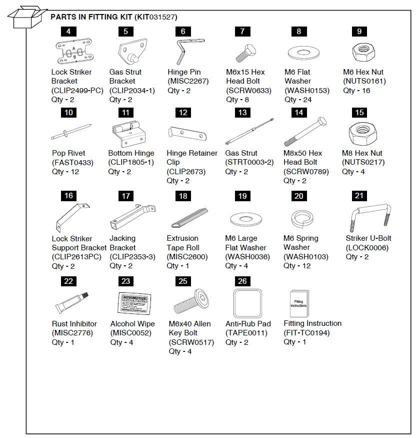 Parts diagram for the EGR Hardware Fitting Kit for Mitsubishi Triton MN 3P Hard Lid, displaying lock striker brackets, gas struts, hinge pins, washers, rivets, screws, U-bolt, extrusion tape roll, alcohol wipe, rust inhibitor, and fitting instructions
