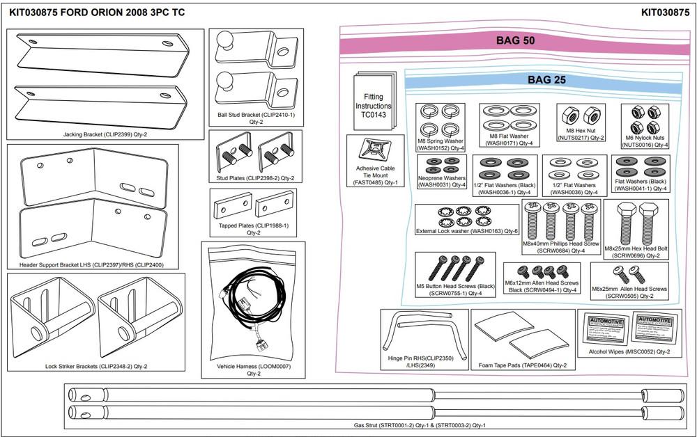 Diagram of the EGR Hardware Fitting Kit for Ford Falcon FG 3P Hard Lid, showing brackets, gas struts, wiring, fasteners, and installation components
