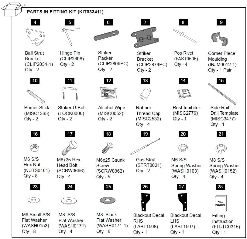 Diagram of the EGR Hard Lid Hardware Fitting Kit for Holden Colorado RG 1P, showing brackets, gas struts, fasteners, decals, and installation components