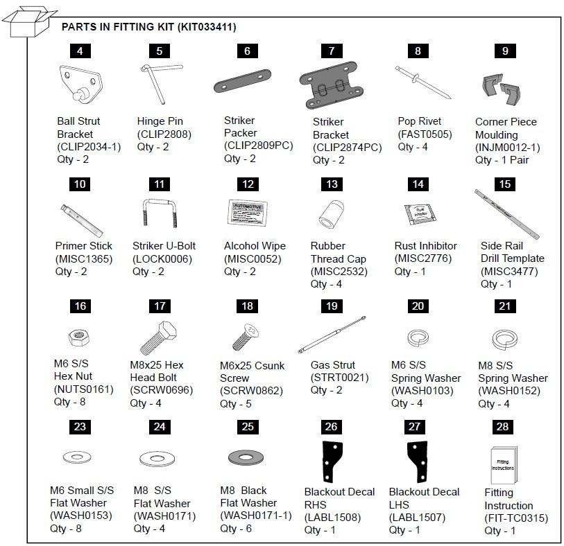 Diagram of the EGR Hard Lid Hardware Fitting Kit for Holden Colorado RG 1P, showing brackets, gas struts, fasteners, decals, and installation components