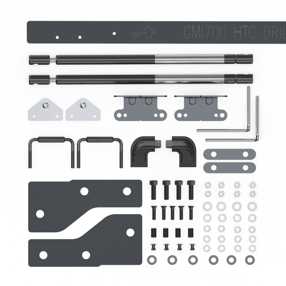 EGR Hard Lid Hardware Fitting Kit for Holden Colorado RG 1P, showing brackets, gas struts, fasteners, decals, and installation components