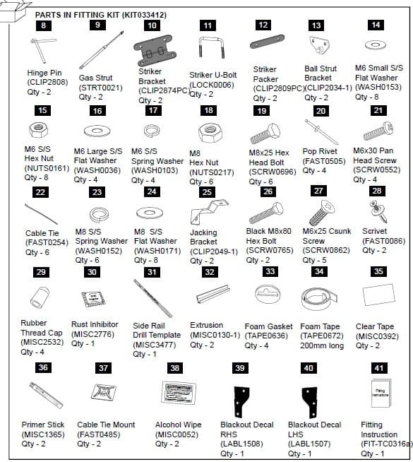 Diagram of the EGR Hard Lid Hardware Fitting Kit for Holden Colorado RG 3P, showing gas struts, brackets, bolts, washers, gaskets, and installation components