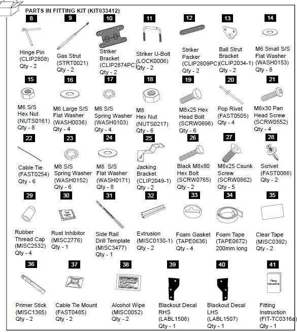 Diagram of the EGR Hard Lid Hardware Fitting Kit for Holden Colorado RG 3P, showing gas struts, brackets, bolts, washers, gaskets, and installation components