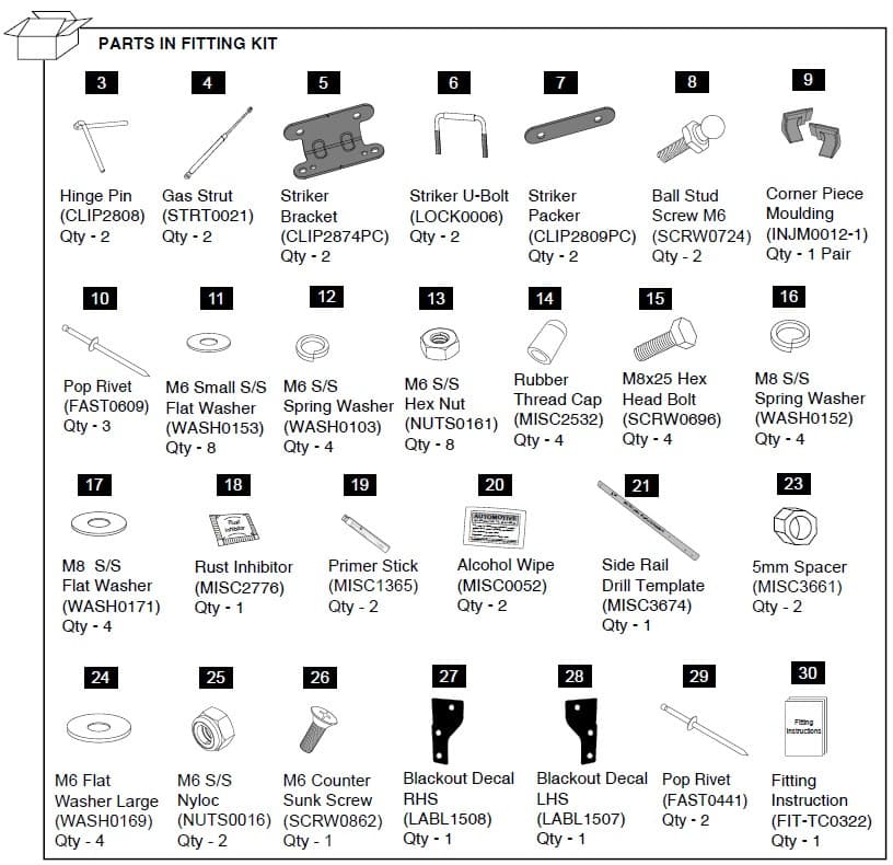 Diagram of EGR Hard Lid Hardware Fitting Kit for Isuzu D-Max 1P, showing gas struts, brackets, bolts, washers, clips, and installation components