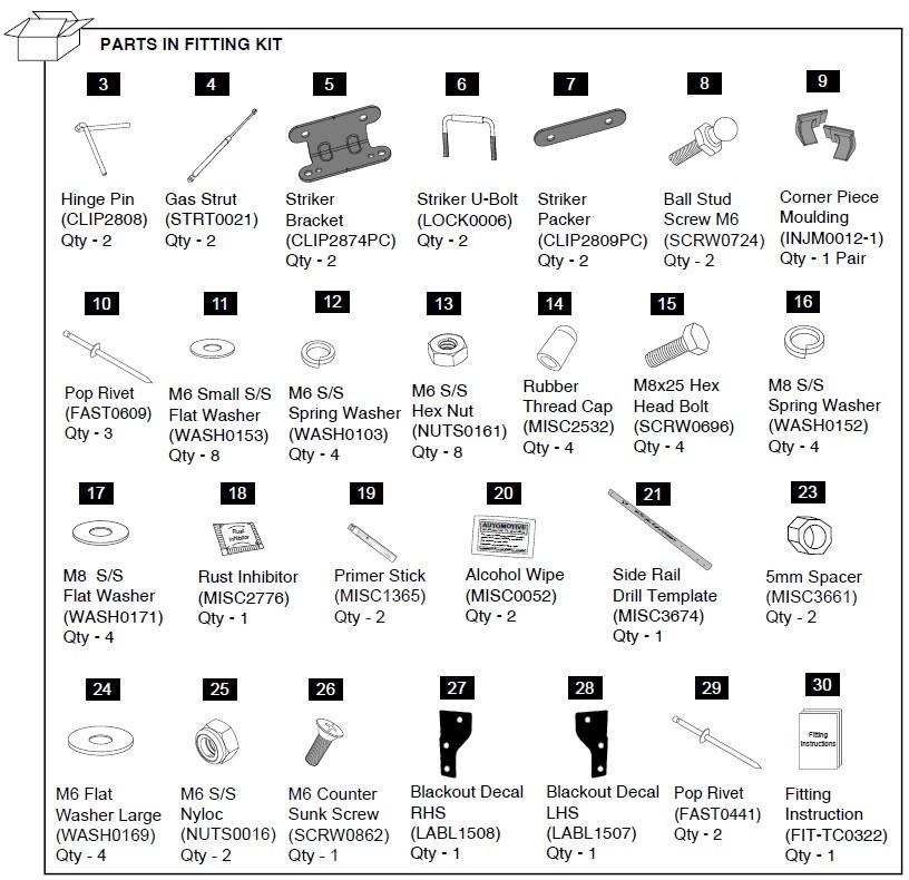 Diagram of EGR Hard Lid Hardware Fitting Kit for Isuzu D-Max 1P, showing gas struts, brackets, bolts, washers, clips, and installation components
