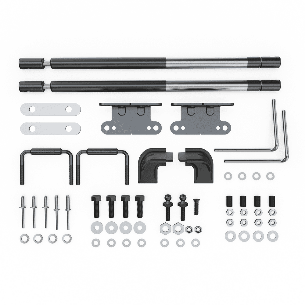 EGR Hard Lid Hardware Fitting Kit for Isuzu D-Max 1P, showing gas struts, brackets, bolts, washers, clips, and installation components
