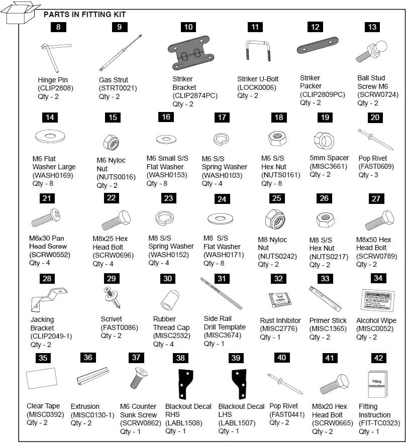 Diagram of the EGR Hardware Fitting Kit with gas struts for Isuzu D-Max 3P 2012–2020, showing brackets, bolts, washers, clips, seals, and installation components