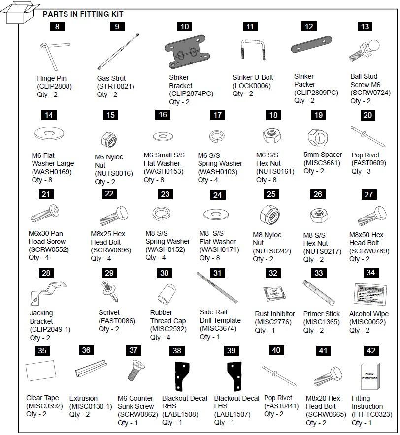 Diagram of the EGR Hardware Fitting Kit with gas struts for Isuzu D-Max 3P 2012–2020, showing brackets, bolts, washers, clips, seals, and installation components