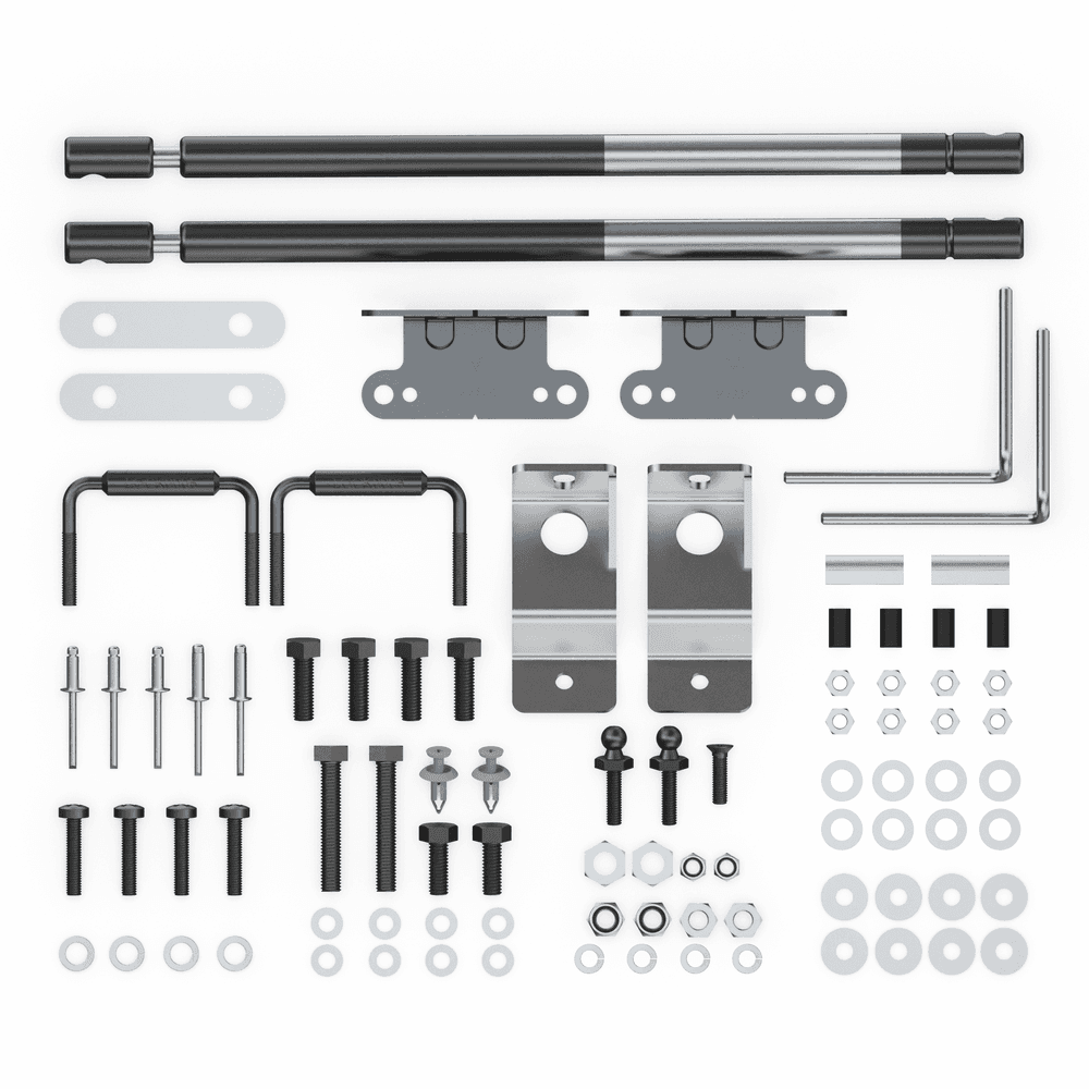 EGR Hardware Fitting Kit with gas struts for Isuzu D-Max 3P 2012–2020, showing brackets, bolts, washers, clips, seals, and installation components
