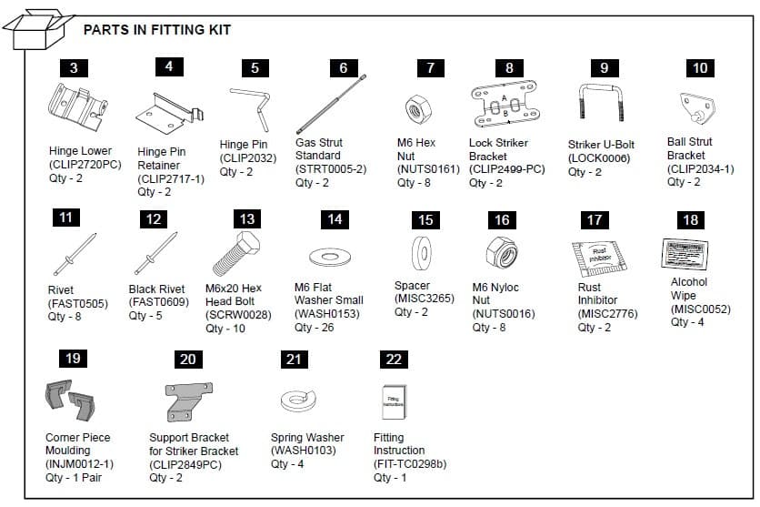 Diagram of the EGR Hardware Fitting Kit with gas struts for Mazda BT-50 1P 2011–2020, showing brackets, bolts, washers, clips, and installation components
