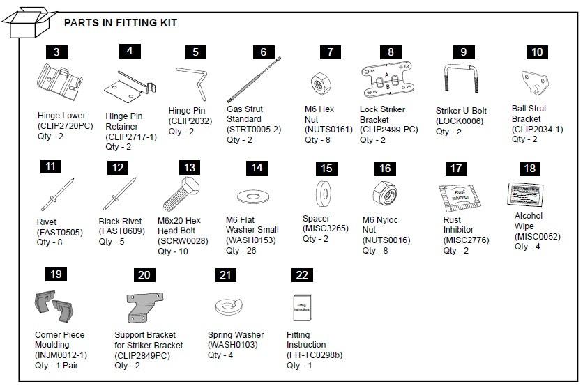 Diagram of the EGR Hardware Fitting Kit with gas struts for Mazda BT-50 1P 2011–2020, showing brackets, bolts, washers, clips, and installation components