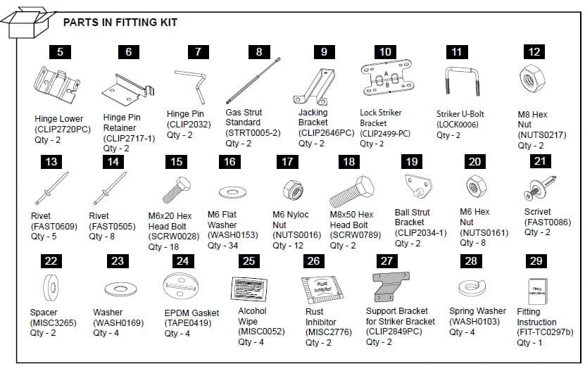Diagram of the EGR Hard Lid Hardware Fitting Kit with gas struts for Mazda BT-50 3P 2011–2020, showing brackets, bolts, washers, clips, and installation components