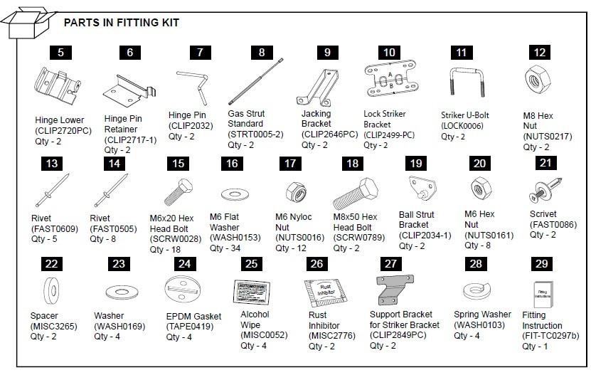 Diagram of the EGR Hard Lid Hardware Fitting Kit with gas struts for Mazda BT-50 3P 2011–2020, showing brackets, bolts, washers, clips, and installation components