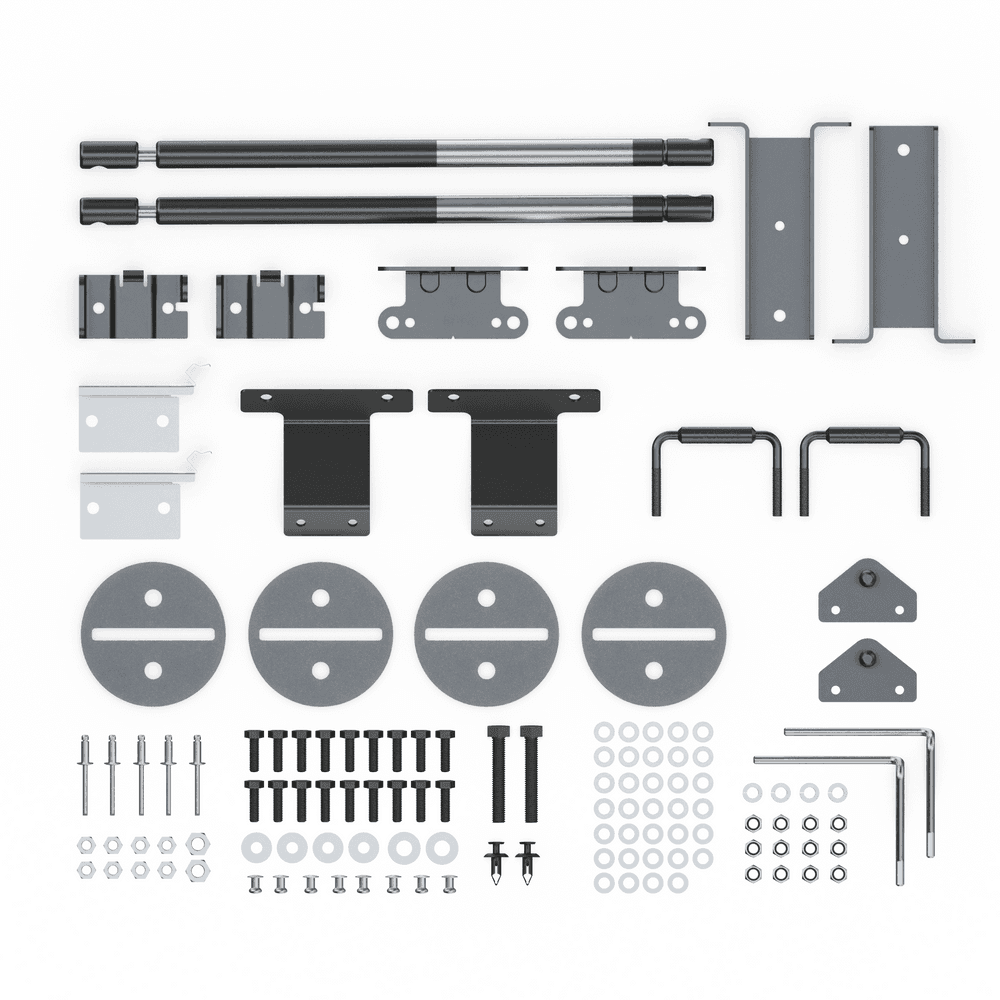EGR Hard Lid Hardware Fitting Kit with gas struts for Mazda BT-50 3P 2011–2020, showing brackets, bolts, washers, clips, and installation components