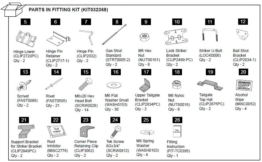 Diagram of the EGR Hard Lid Hardware Fitting Kit with gas struts for Ford Ranger PX 1P 2011–2022, showing brackets, bolts, washers, rivets, clips, and installation components