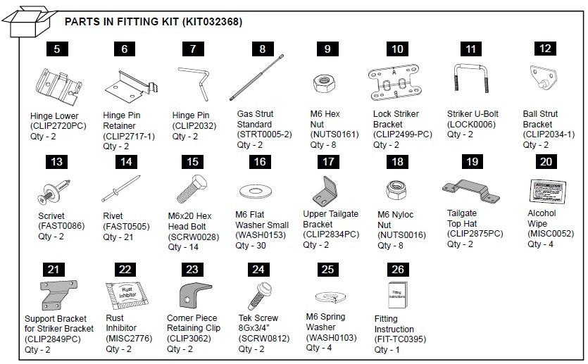 Diagram of the EGR Hard Lid Hardware Fitting Kit with gas struts for Ford Ranger PX 1P 2011–2022, showing brackets, bolts, washers, rivets, clips, and installation components