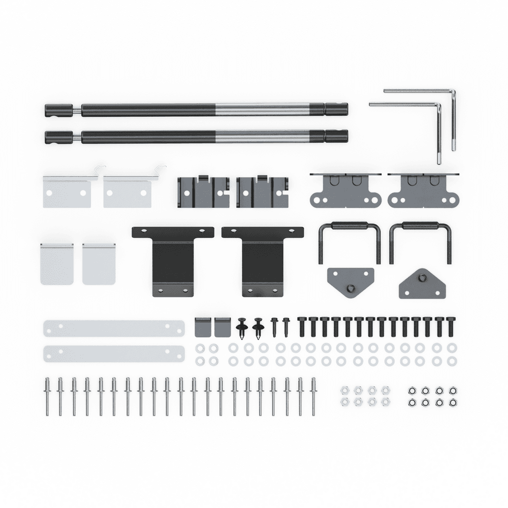 EGR Hard Lid Hardware Fitting Kit with gas struts for Ford Ranger PX 1P 2011–2022, showing brackets, bolts, washers, rivets, clips, and installation components