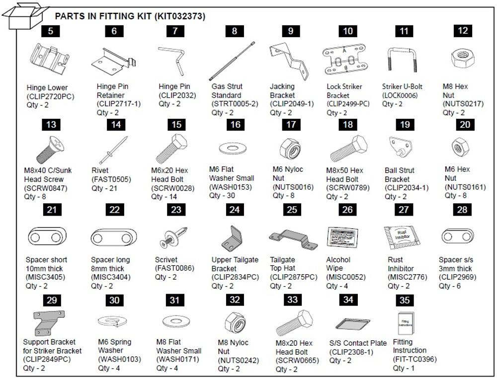 EGR Auto - Hardware Fitting Kit inc. Gas Struts - Ford Ranger PX 3P 2011-22 product image 0