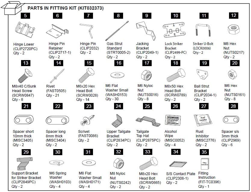 Diagram of the EGR Hard Lid Hardware Fitting Kit with gas struts for Ford Ranger PX 3P 2011–2022, showing brackets, bolts, nuts, washers, rivets, clips, and installation components