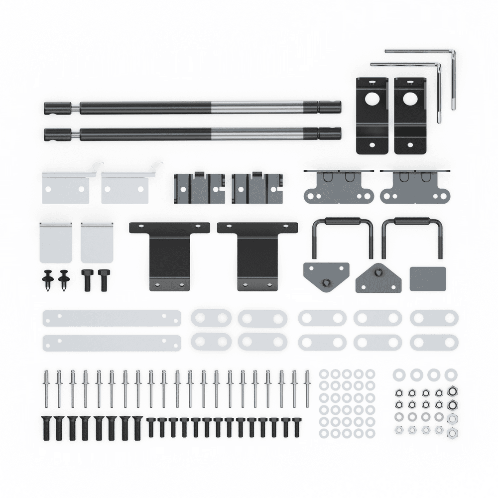 EGR Hard Lid Hardware Fitting Kit with gas struts for Ford Ranger PX 3P 2011–2022, showing brackets, bolts, nuts, washers, rivets, clips, and installation components