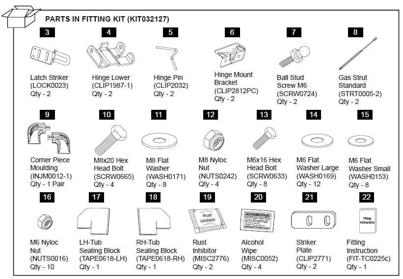 Parts diagram for EGR Hardware Fitting Kit KIT03212T showing hinges, gas struts, brackets, seals, screws, and installation components for Volkswagen Amarok 1P hard lid