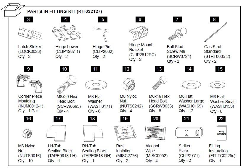Parts diagram for EGR Hardware Fitting Kit KIT03212T showing hinges, gas struts, brackets, seals, screws, and installation components for Volkswagen Amarok 1P hard lid