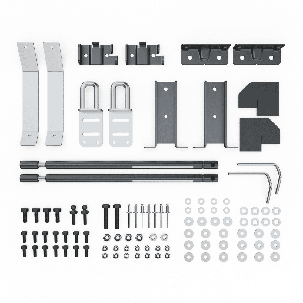 EGR Hard Lid Fitting Kit KIT032124 diagram showing all required hardware for Volkswagen Amarok 3P installation, including brackets, rivets, hinge pins, and support parts