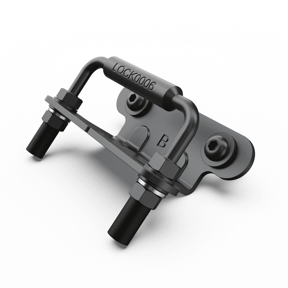 EGR lock striker kit, with a close-up view of the striker plate and mounting bolts on the tailgate frame