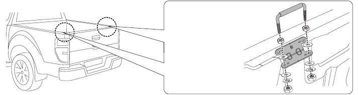 Diagram showing the placement and installation of an EGR lock striker kit on the rear tub of a ute, with a close-up of the striker plate and mounting bolts