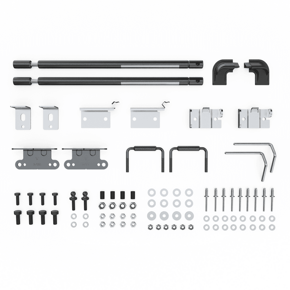 Mitsubishi Triton MQ/MR 1P hard lid hardware fitting kit, showing labeled components including striker brackets, hinge brackets, U-bolts, hex bolts, gas struts, washers, rivets, caps, and installation accessories