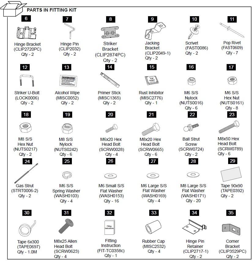 Diagram of the Mitsubishi Triton MQ/MR 3P hard lid hardware fitting kit showing labeled parts including hinge brackets, striker brackets, U-bolts, gas struts, screws, washers, rivets, caps, and installation components