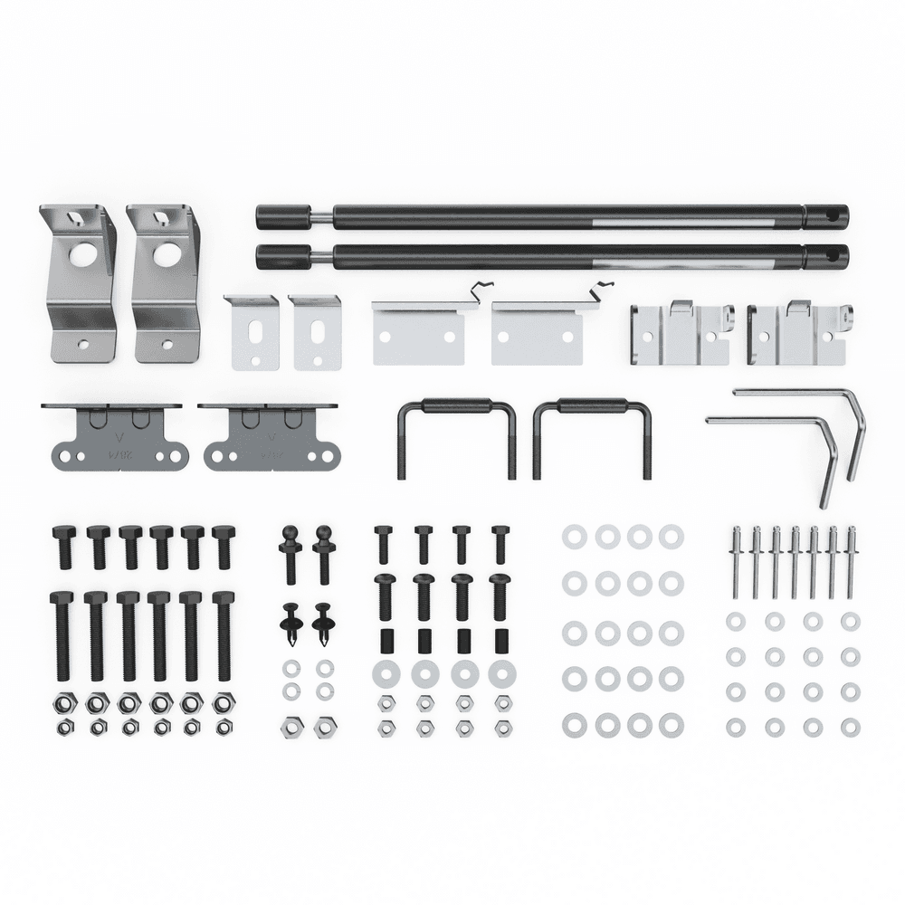 Mitsubishi Triton MQ/MR 3P hard lid hardware fitting kit showing labeled parts including hinge brackets, striker brackets, U-bolts, gas struts, screws, washers, rivets, caps, and installation components
