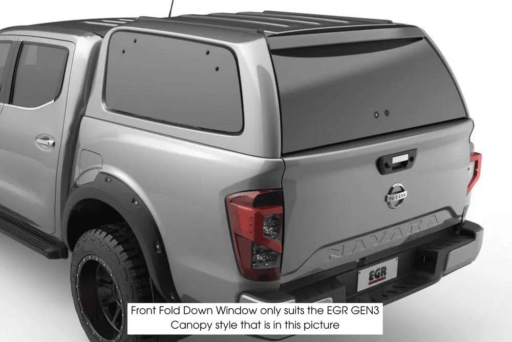 Silver Nissan Navara fitted with an EGR GEN3 canopy, showing the rear and side panels. Image demonstrates the canopy style compatible with the EGR GEN3 Front Fold-down Window