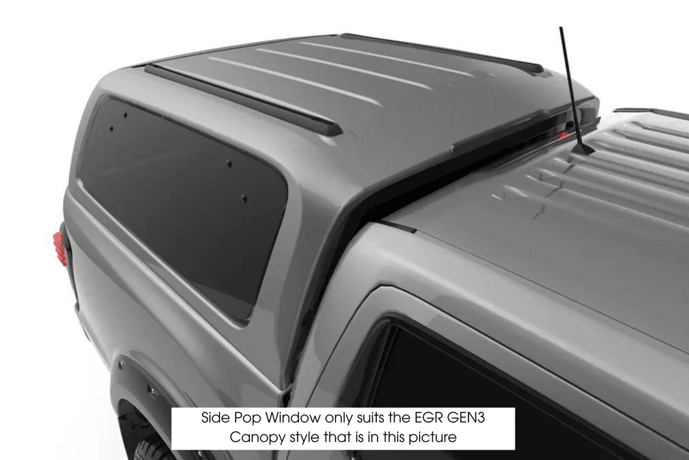 Top-down view of a silver ute fitted with an EGR GEN3 canopy, showing the driver-side pop-out window style that the replacement Pop Side Window is designed to suit