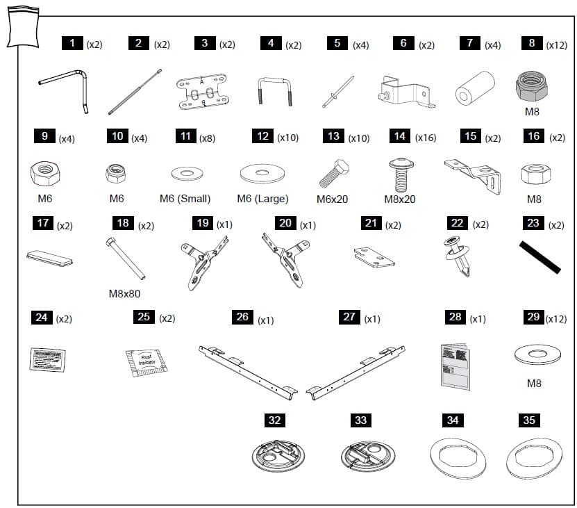 Illustrated parts layout for a Ford Ranger RA 3P 2022 hard-lid fitting kit, showing a grid of hardware components including brackets, bolts, screws, clips, struts, washers, nuts, tools, and installation accessories. Each item is drawn in outline form with quantity labels beside them
