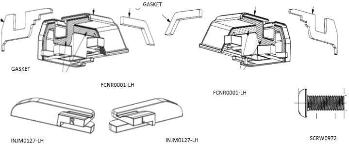 Exploded diagram of RollTrac front corner castings showing left and right corner covers, gaskets, and mounting hardware for RollTrac Slat Side cover