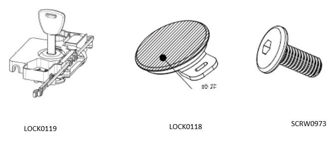 Technical line drawings of the EGR RollTrac actuator kit showing the key-lock actuator mechanism, round lock cover, and mounting screw