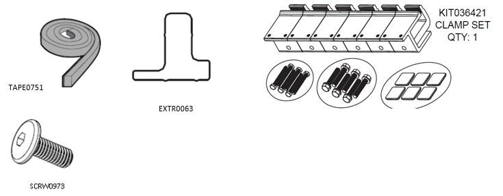 Diagram of EGR RollTrac Re-Fit Kit 1 components including clamps, foam tape, perimeter seal, and mounting screw