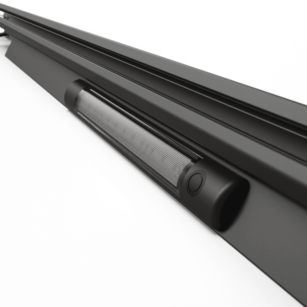 Close-up of EGR RollTrac RH electric side rail aluminium channel with integrated track and seal surface for electric roller tonneau cover fitment.