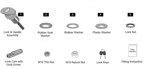 EGR Premium Canopy lift window T-handle lock kit, showing lock and handle assembly, washers, lock nut, cam screw, keys, and fitting components for secure lift-up window locking