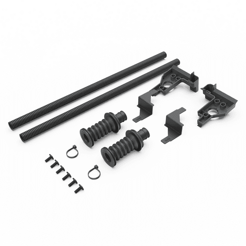 EGR RollTrac rear drainage kit components including drain tubes, connectors and mounting hardware for Ford Ranger RA and Volkswagen Amarok NF tonneau cover water management system.
