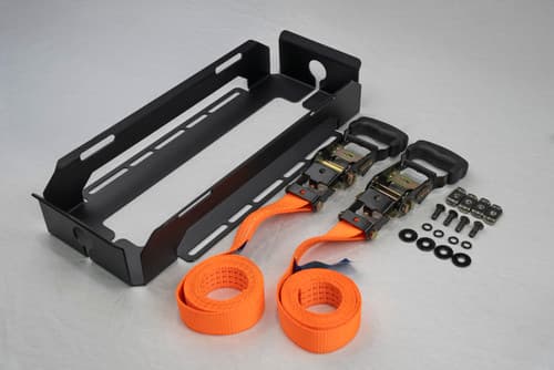EGR Platform fuel can mount kit showing mounting brackets, hardware, and orange tie-down straps for securing jerry cans on platform rack