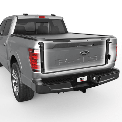 Ford F150 2023-onwards tub fitted with EGR Dust Defence Kit, sealing tailgate gaps to prevent dust, dirt, and water entering the load area
